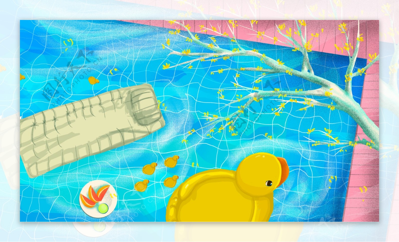 彩色卡通游泳池夏日背景设计