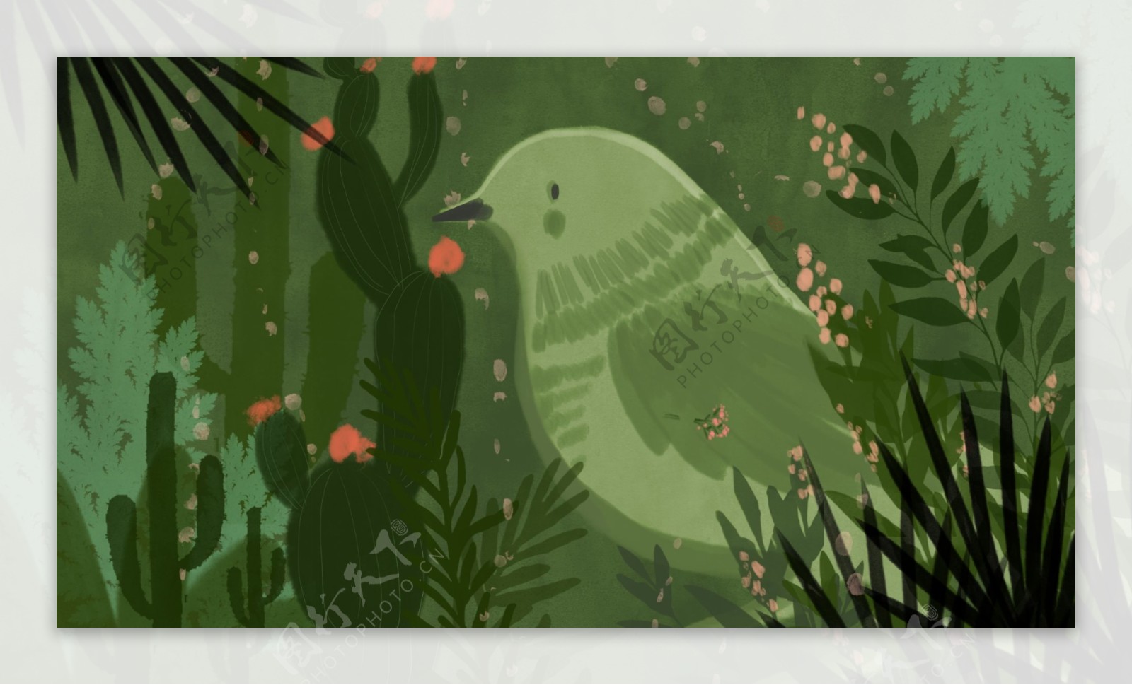 夏日森系植物小鸟插画背景设计