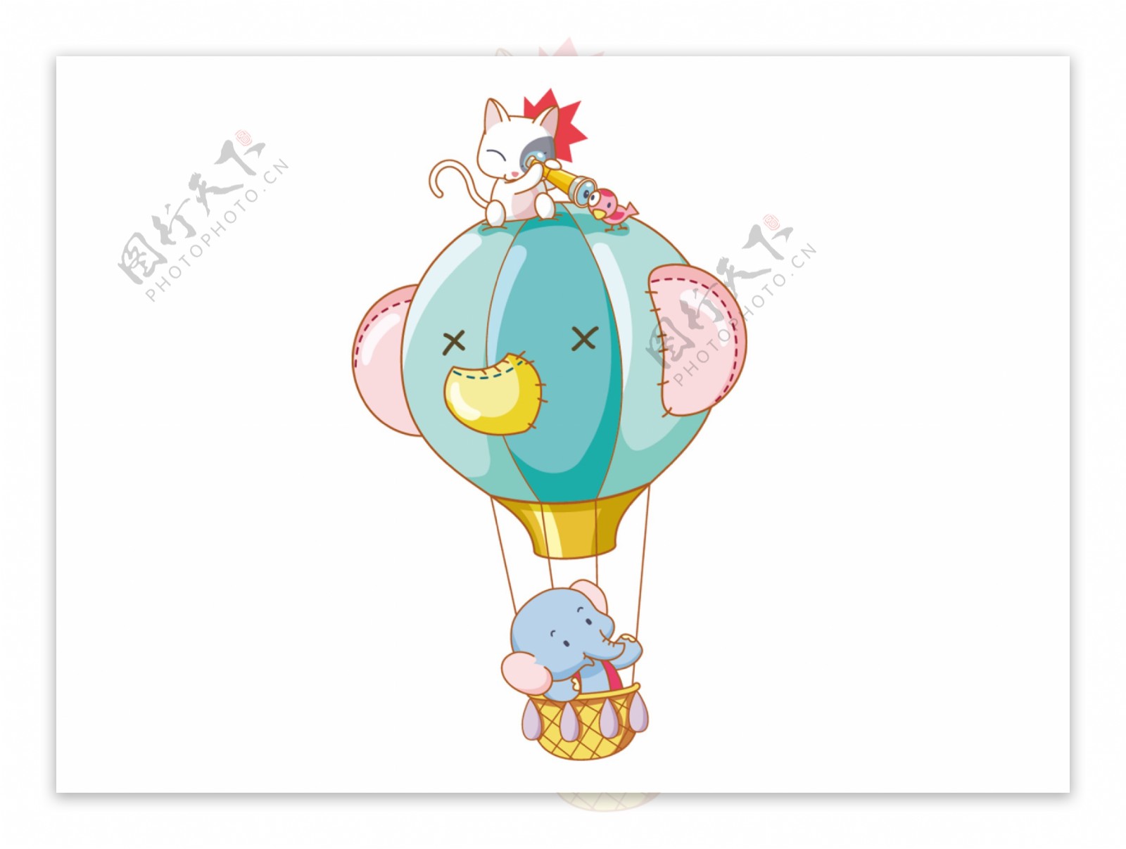 可爱卡通小象热气球png元素