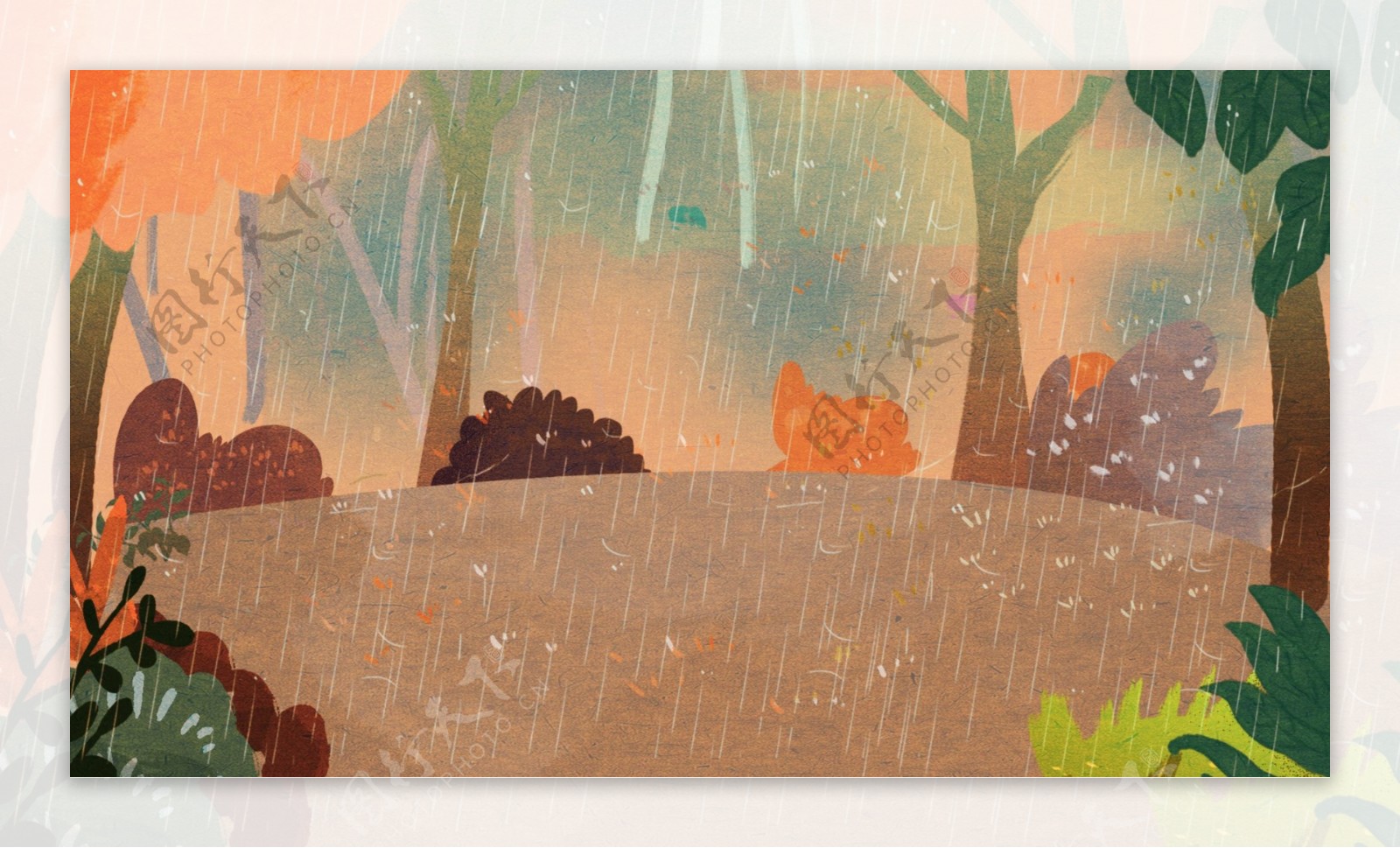 手绘色彩秋季下雨的树林背景素材