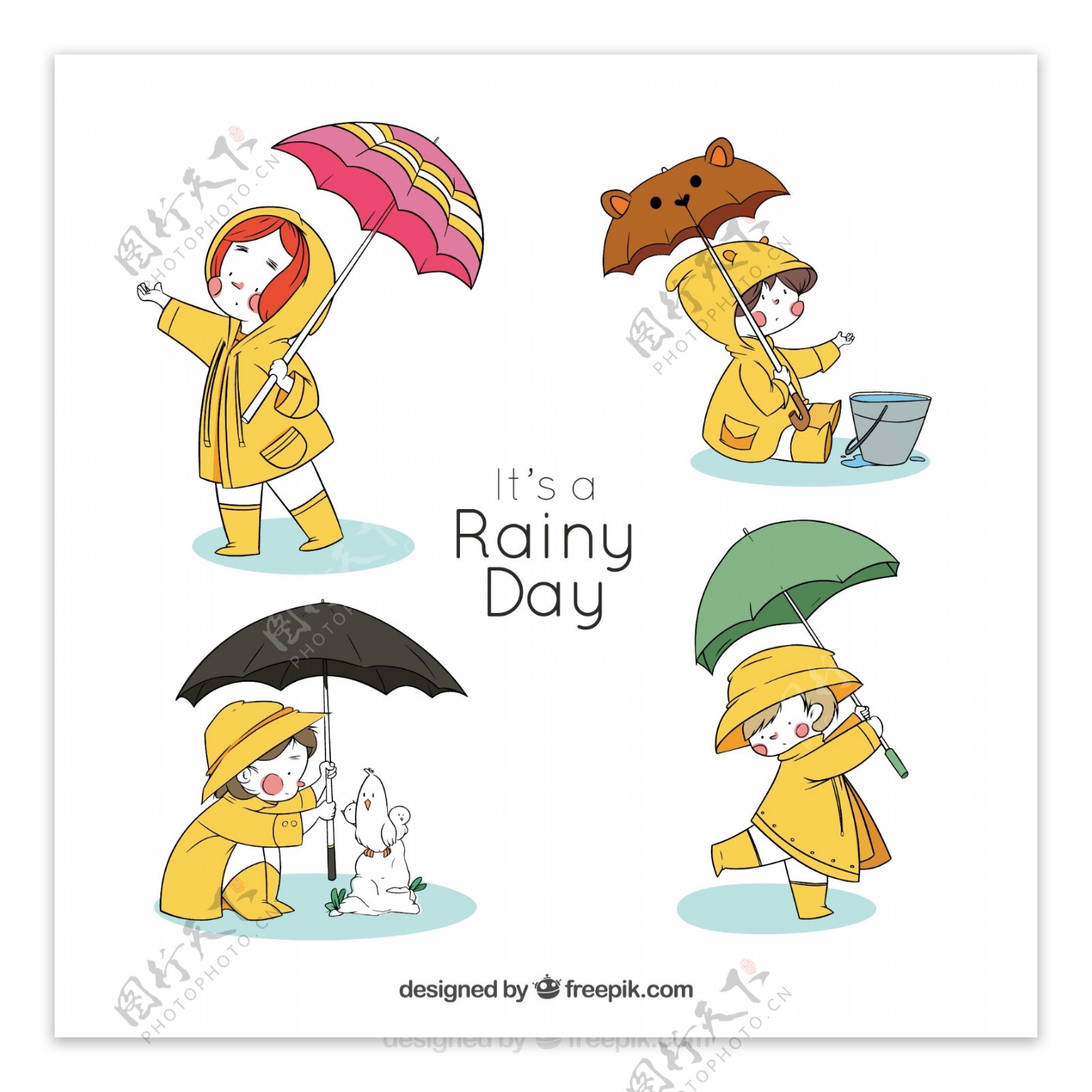 4款彩绘雨天打伞的儿童矢量素材