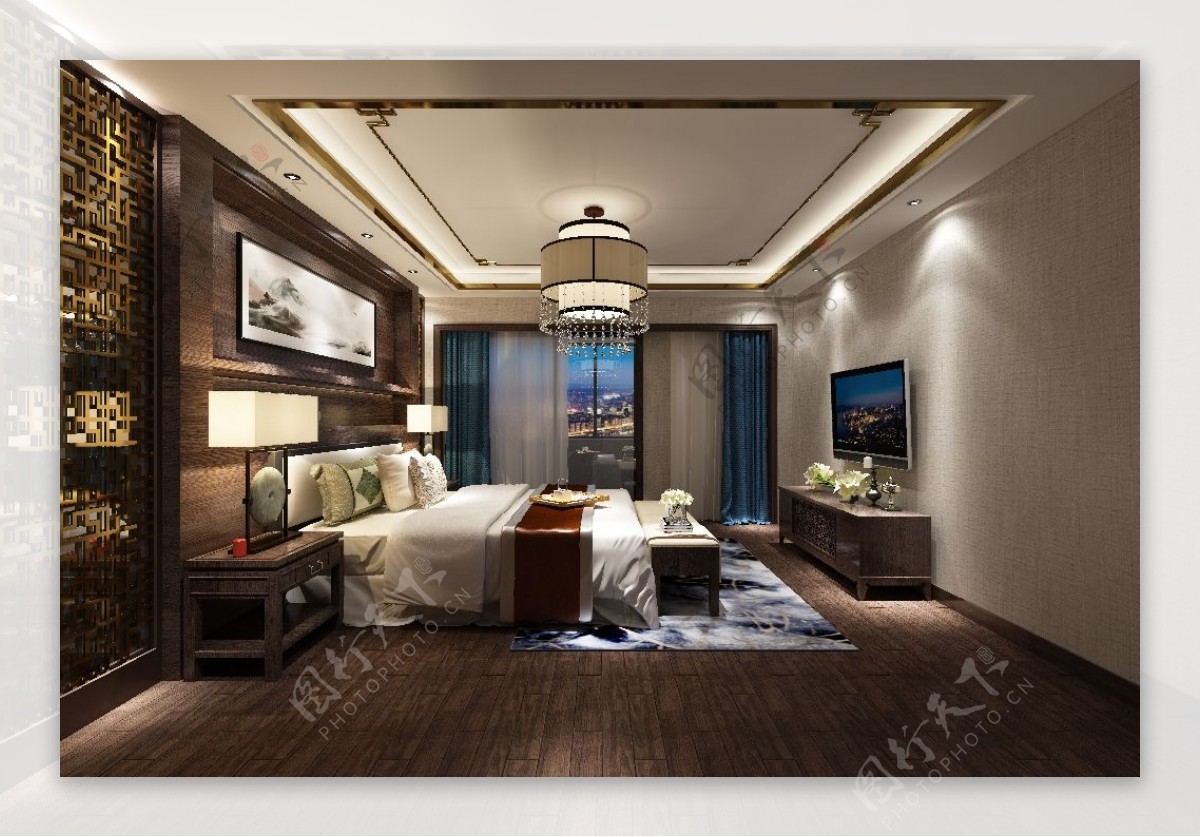新中式轻奢复古造型背景墙卧室3d效果图