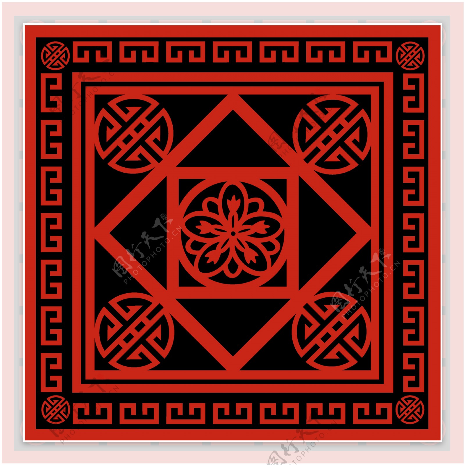 红色中式花纹窗花png元素
