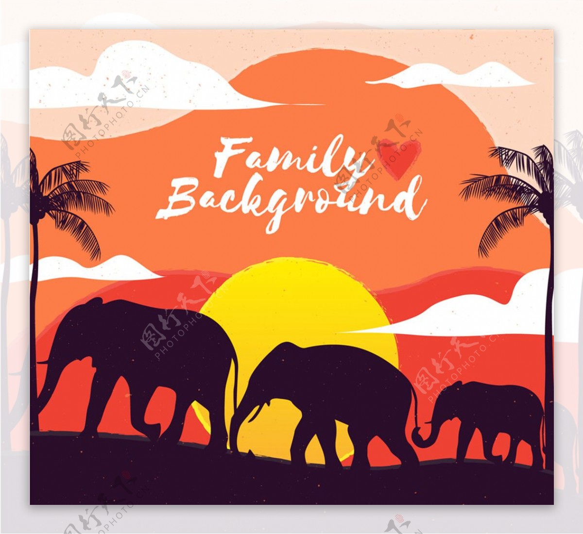 夕阳下的大象家族剪影矢量素材
