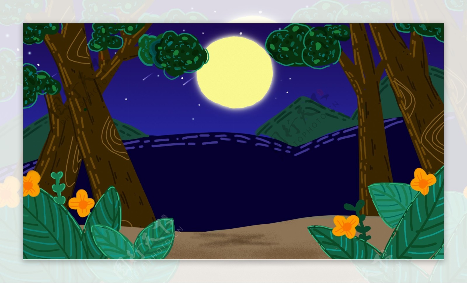 山林间的一轮明月卡通背景