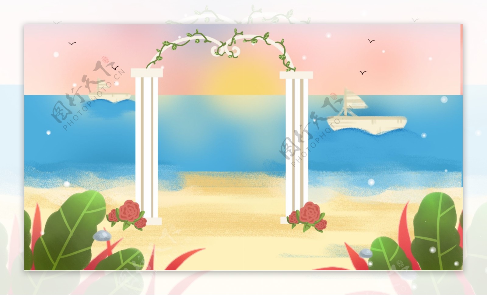 清新彩绘海边婚礼背景设计