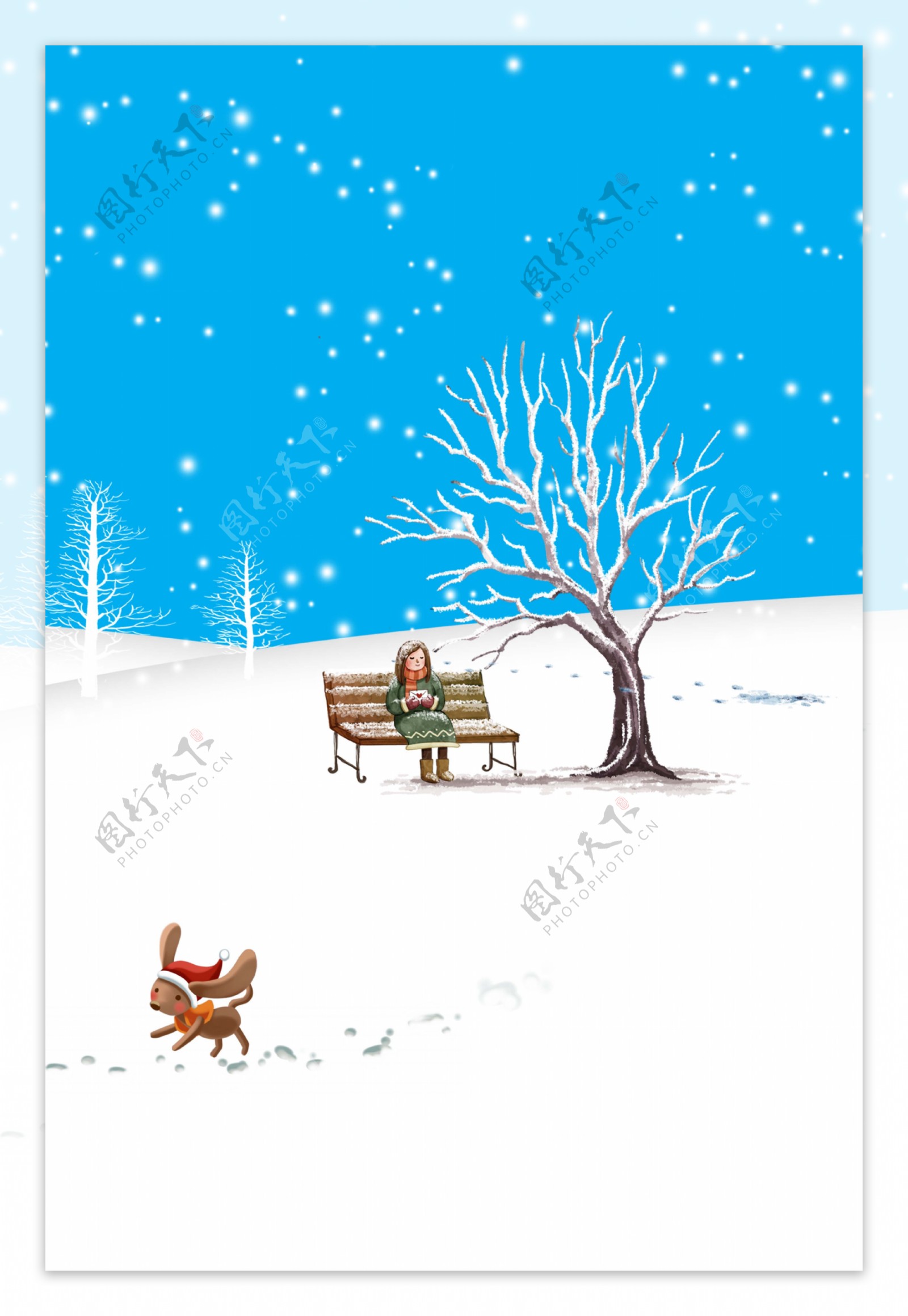 卡通冬天大树和人物海报背景