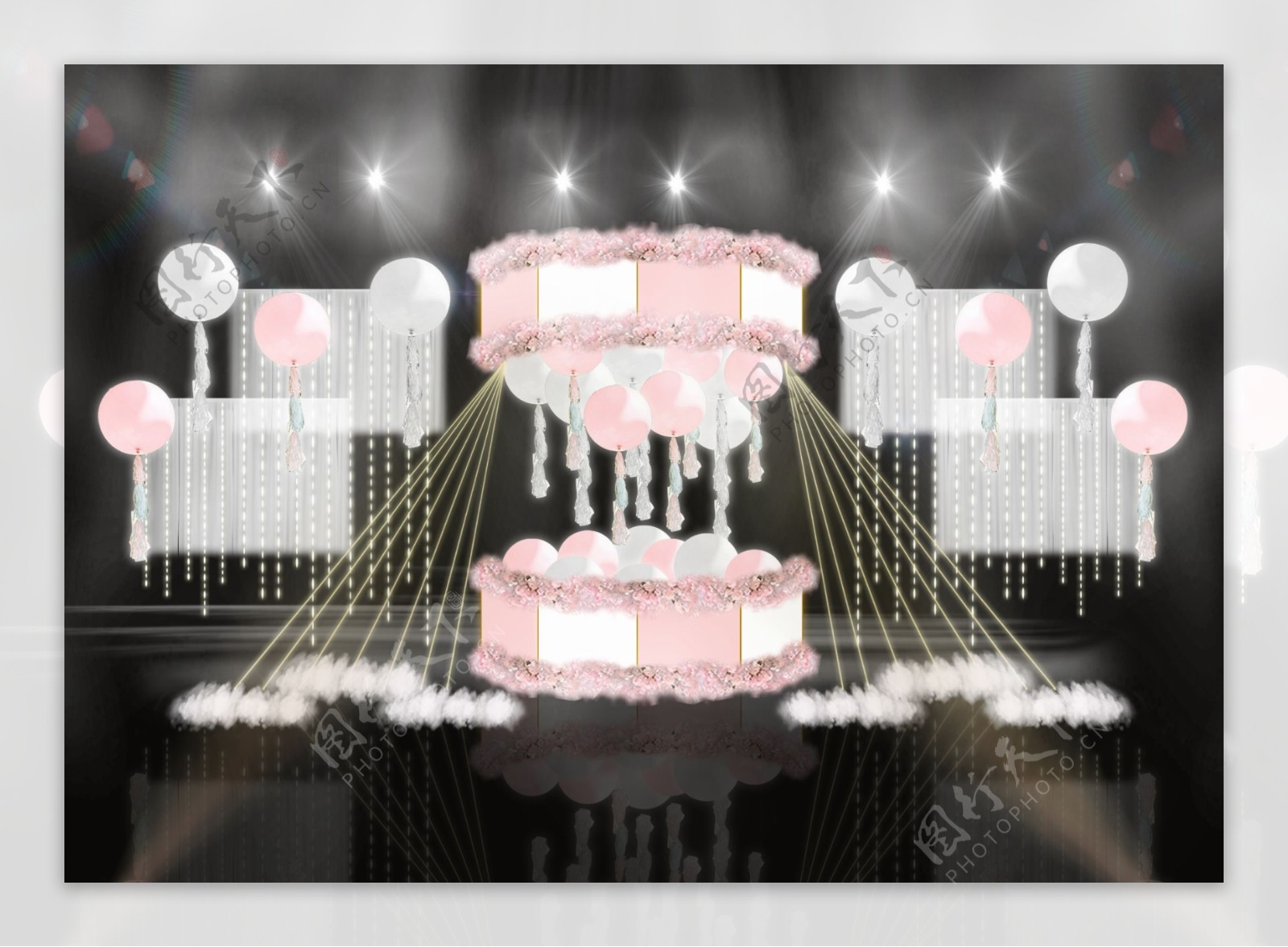 粉色系气球沙漏造型旋转木马纱幔婚礼效果图