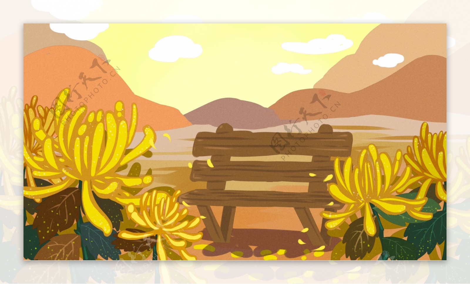 重阳节菊花和远山插画背景设计