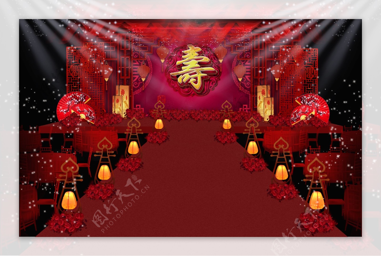 红色中国风中式寿宴舞台效果图