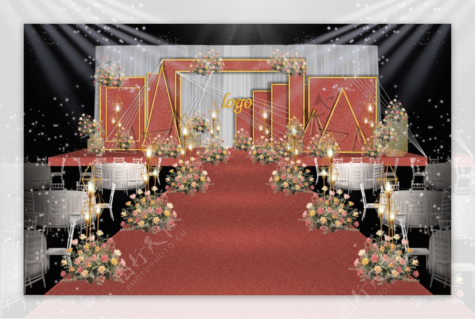 红色质感创意几何婚礼舞台效果图