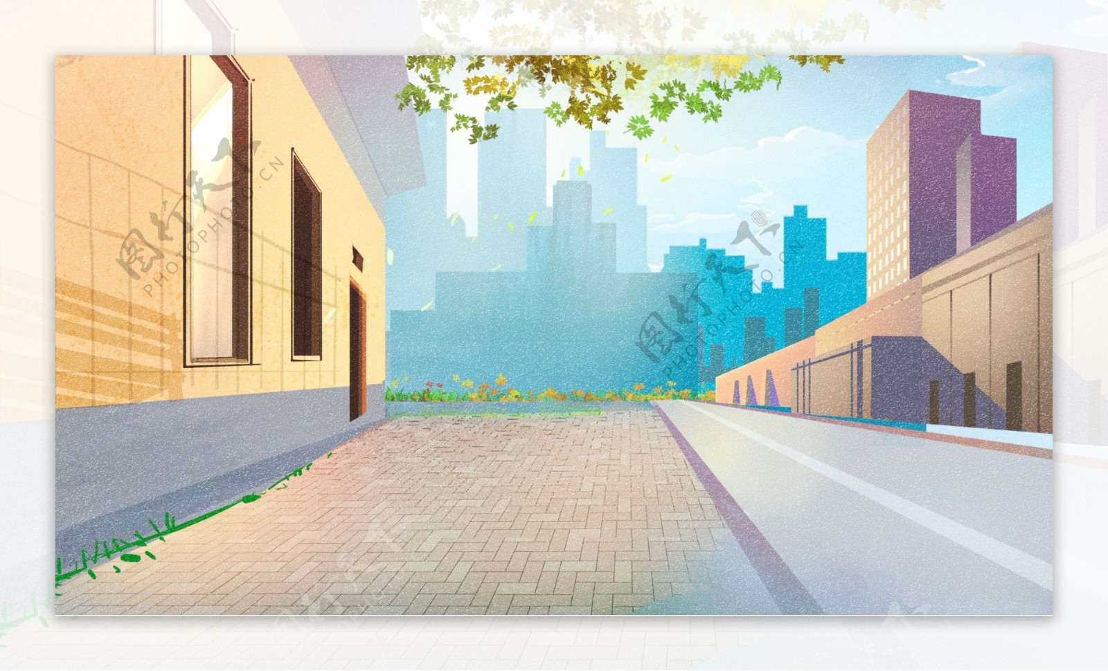 清晨城市街道背景手绘设计