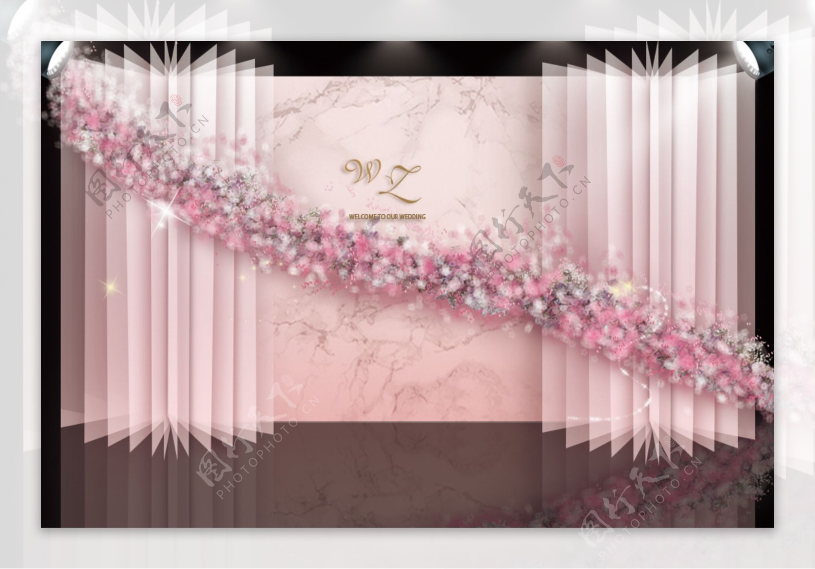 大气浪漫粉色婚礼迎宾区合影区背景效果图