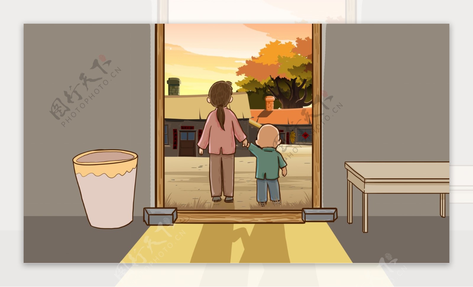 站在门口等人的母子卡通背景
