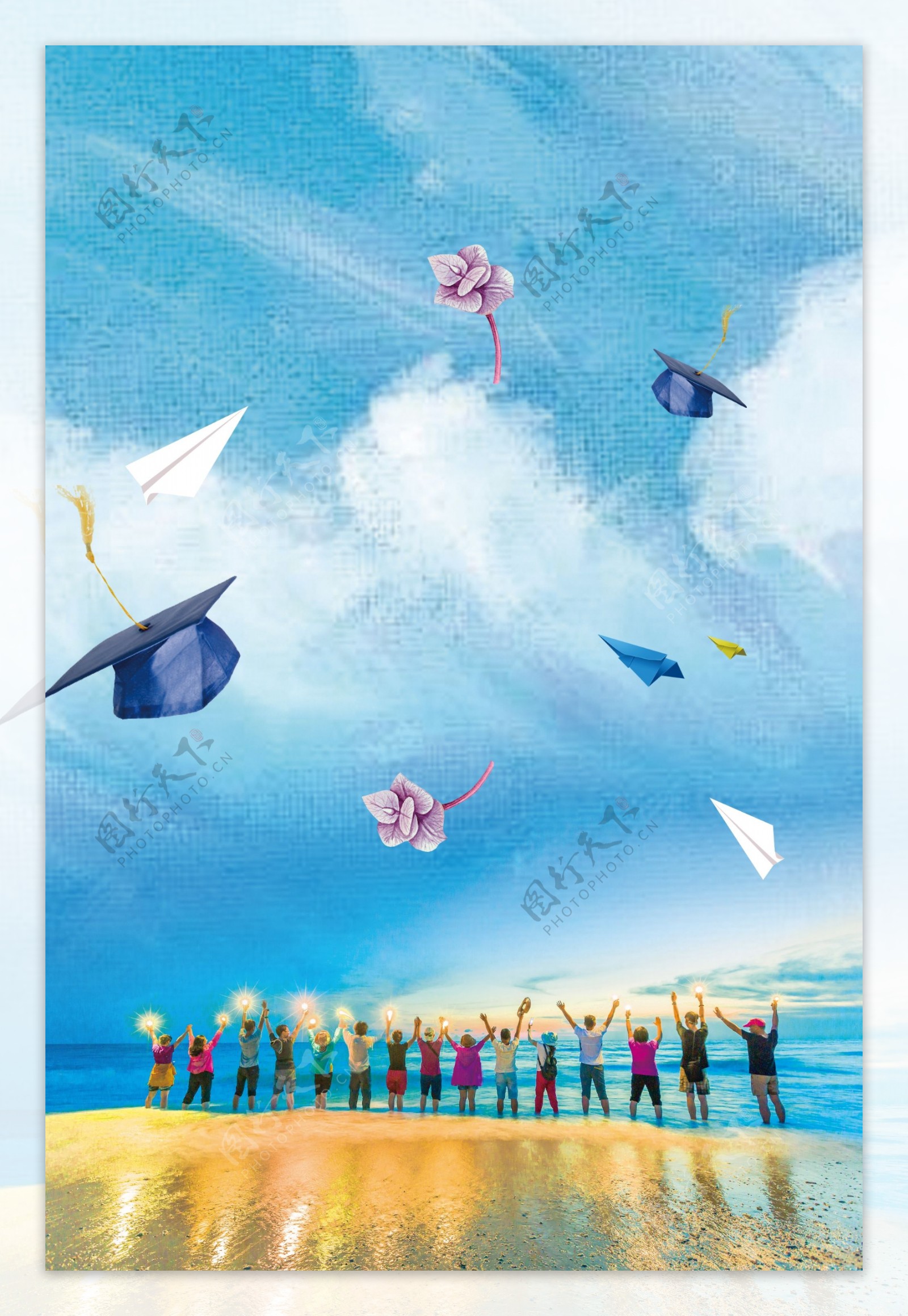 手绘面向大海的学生青春校园背景素材
