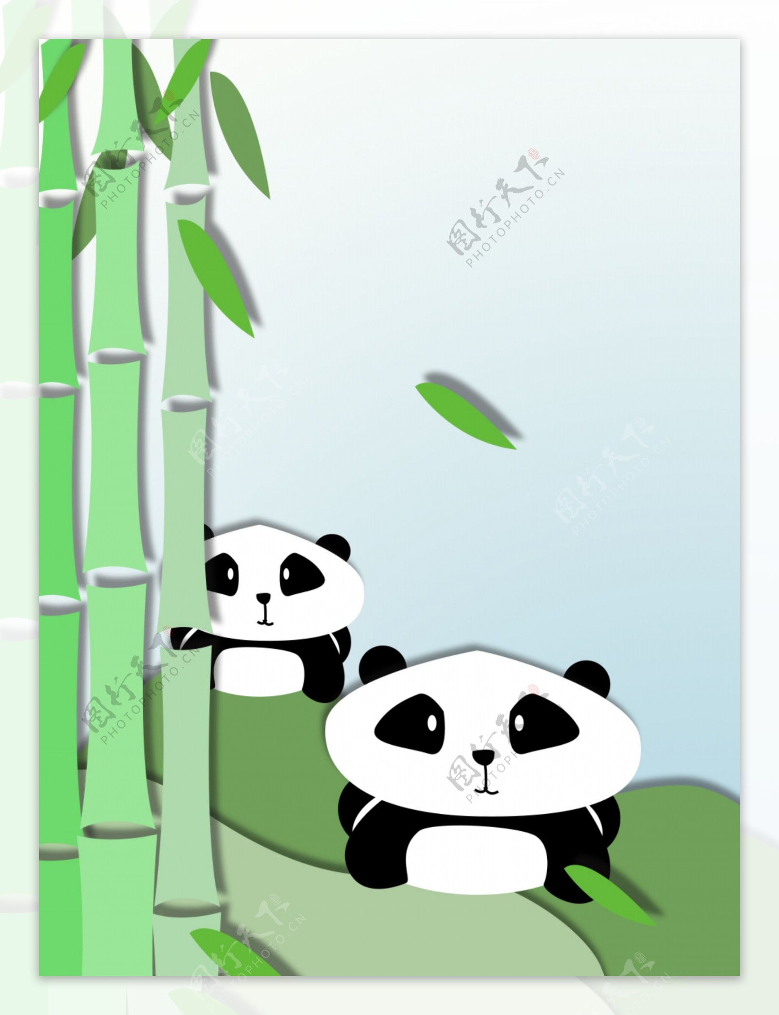 小清新竹林熊猫微立体折纸背景