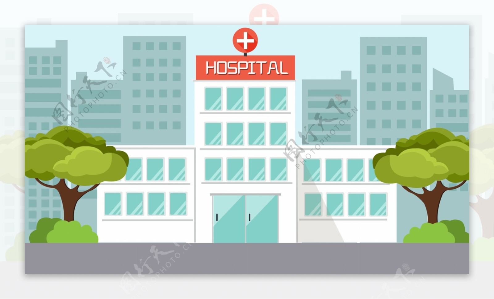 医院建筑绿色树木卡通背景