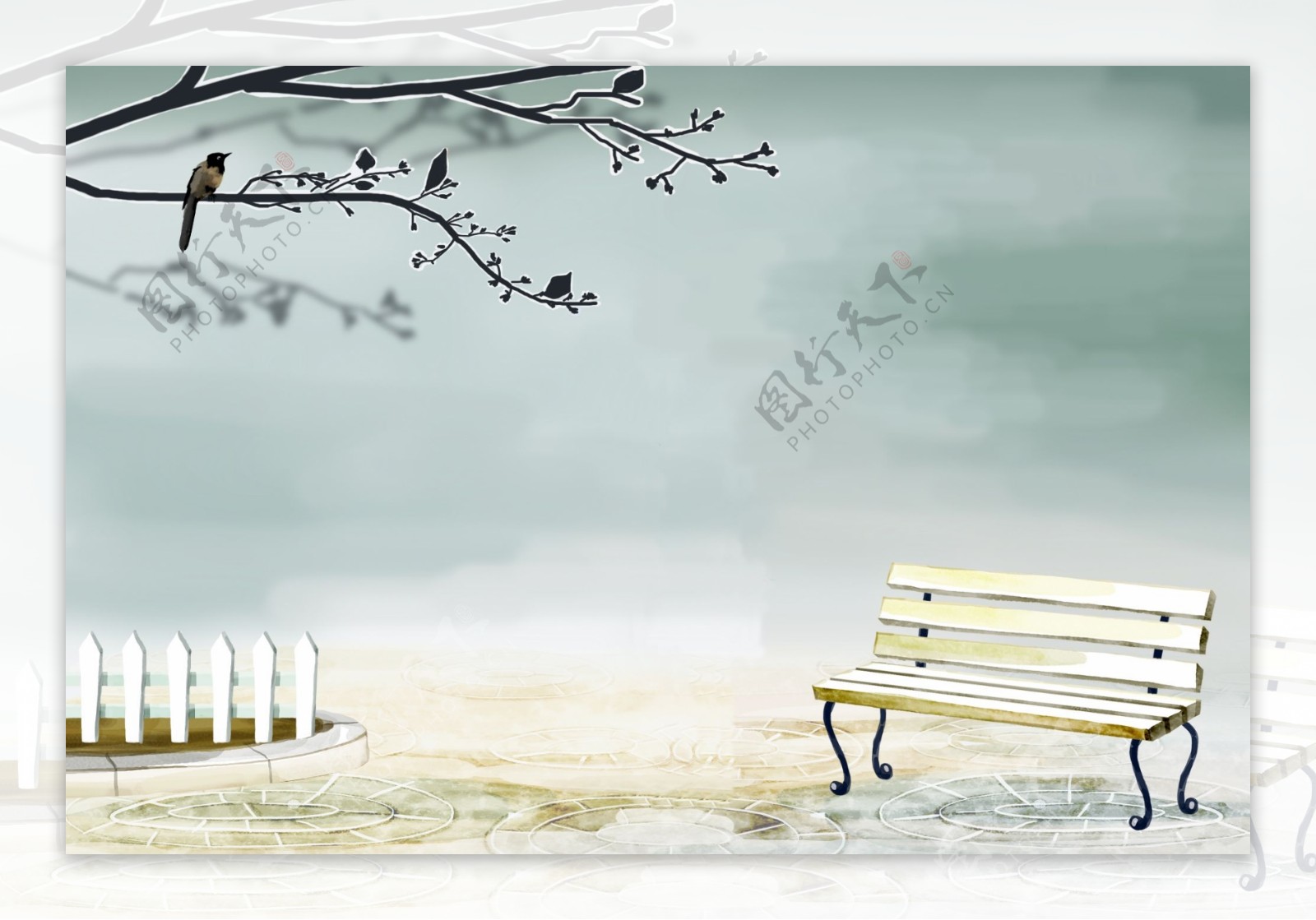 彩绘传统霜降天气长椅树枝背景素材