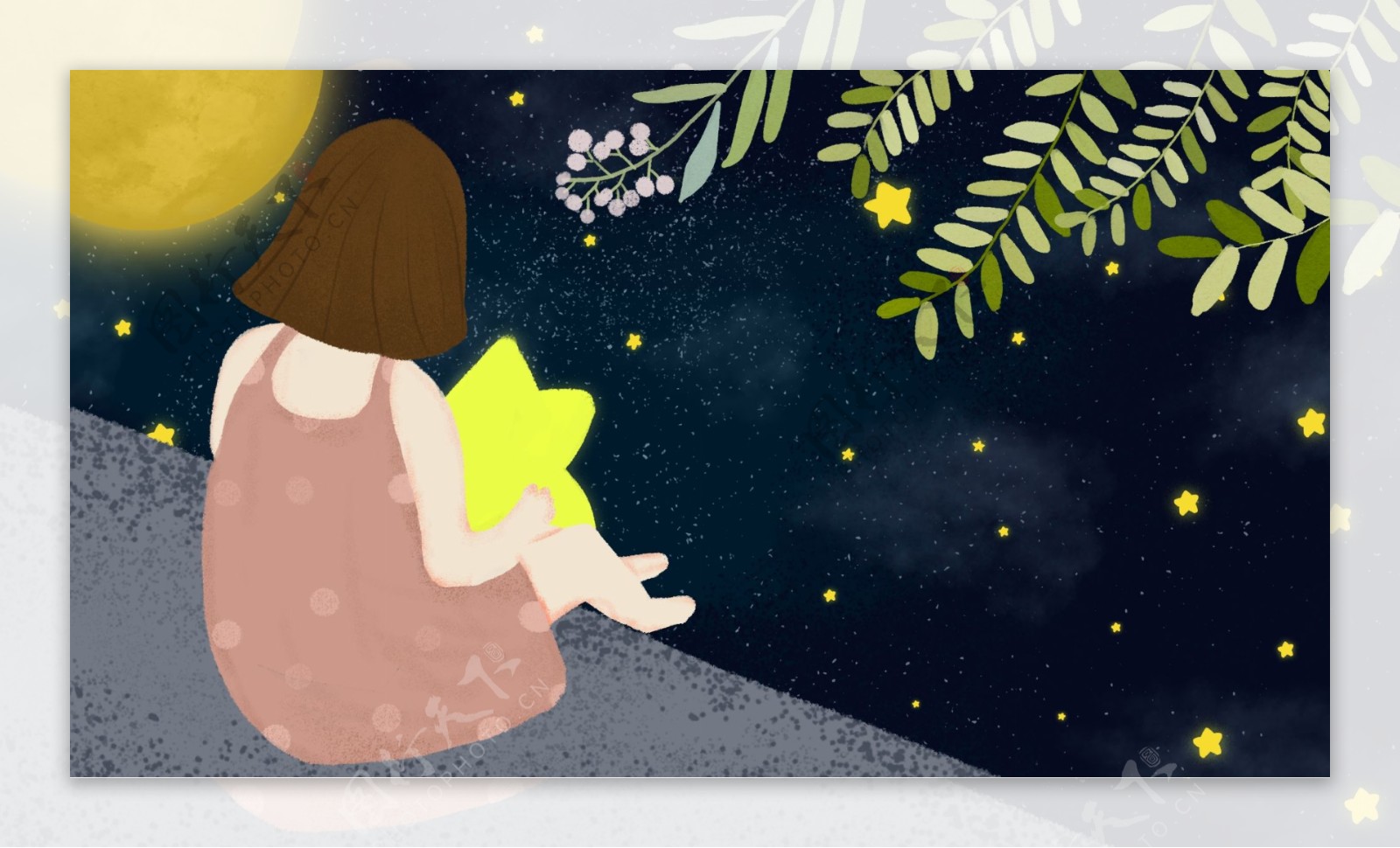 坐在河边看星星的女孩柳叶卡通背景