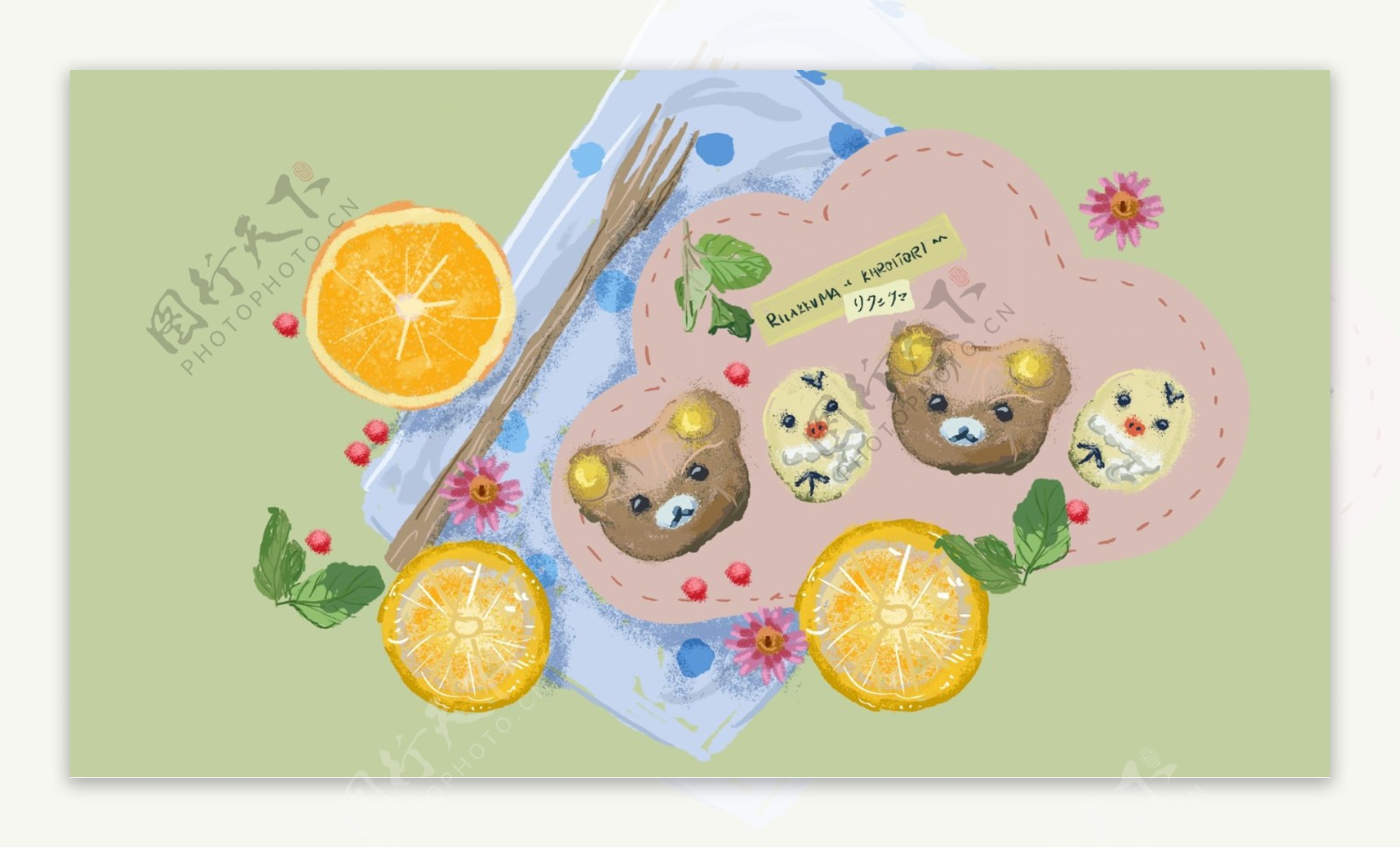 小熊蛋糕橙子水果卡通背景