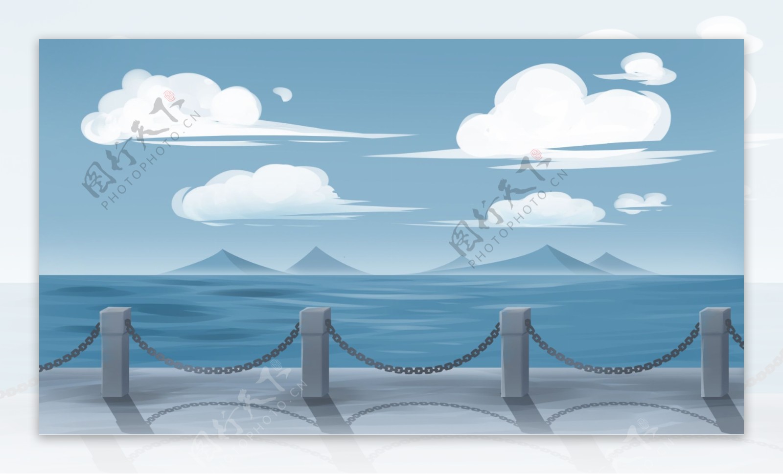 桥栏杆远山海洋白云卡通背景