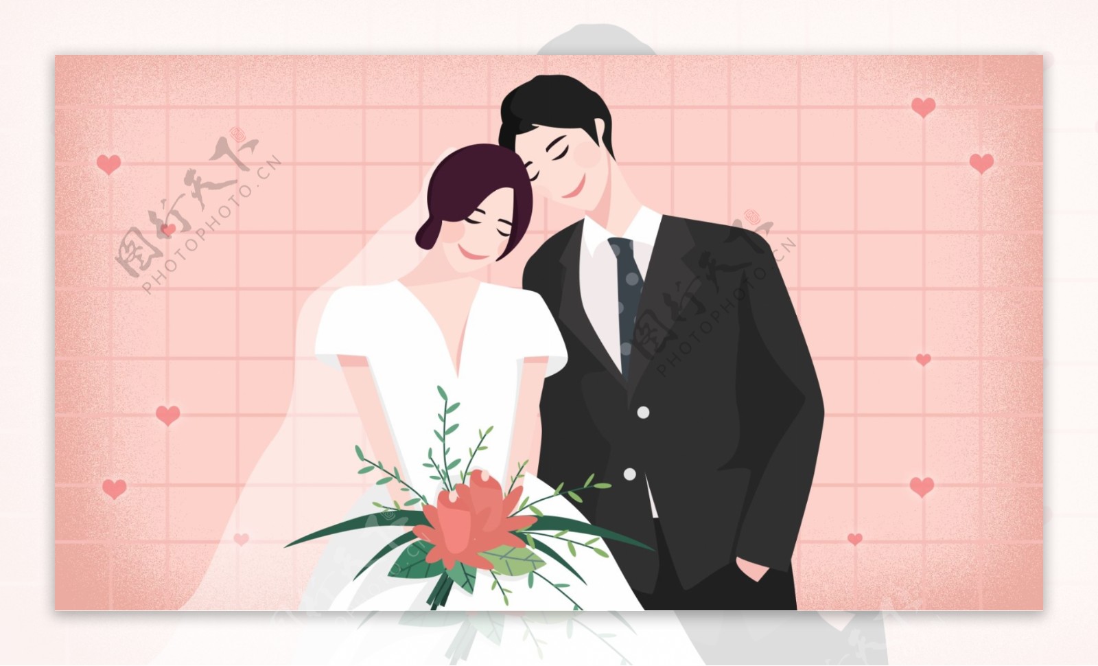 相靠着的新娘和新郎粉色卡通背景
