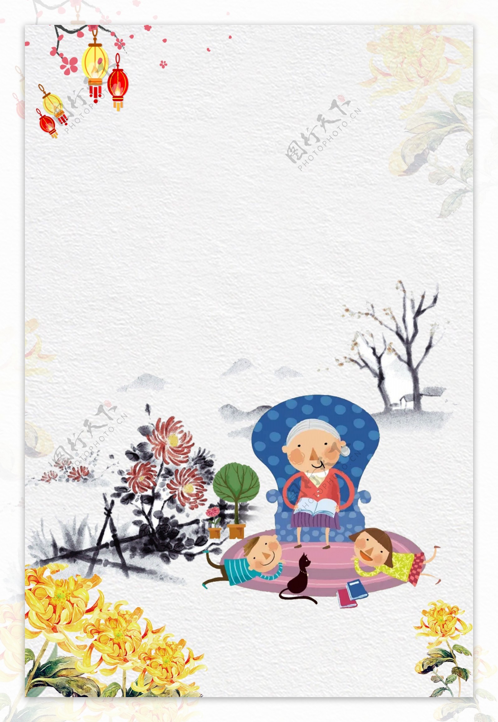 彩绘重阳节老人儿童海报背景素材