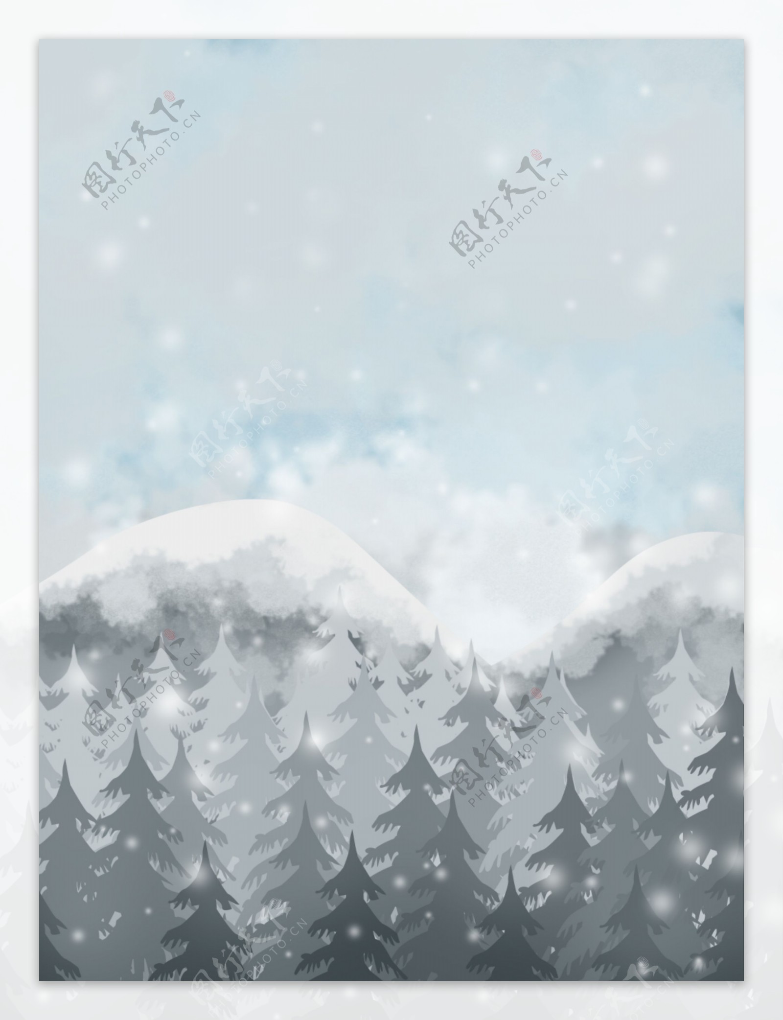 松树林雪山下雪背景灰色系冬季