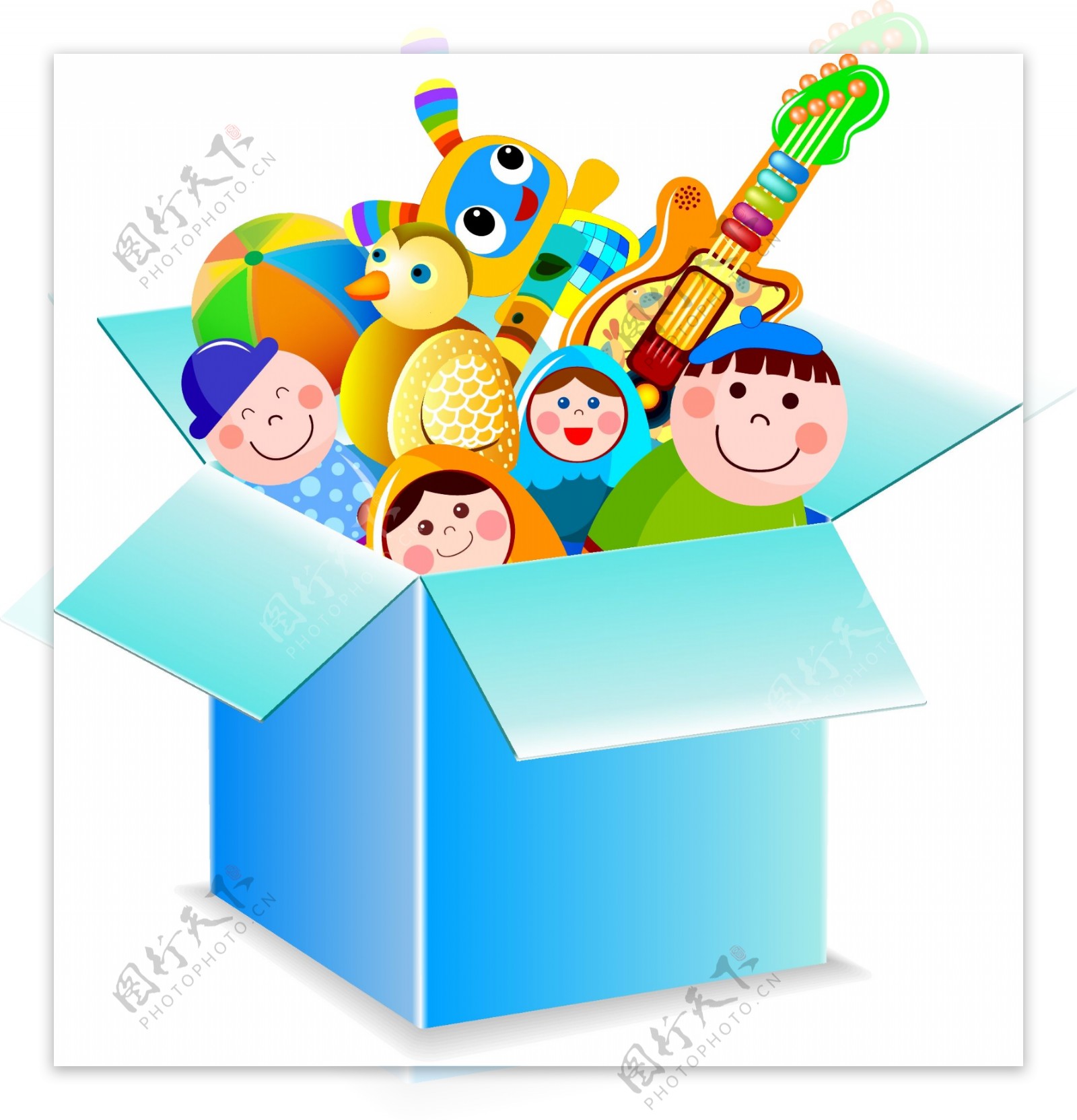 蓝色纸箱里的儿童玩具矢量图
