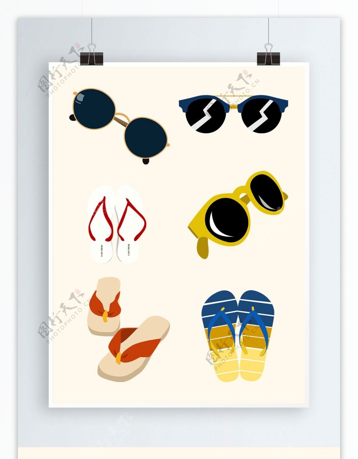 墨镜拖鞋夏天海边海报电商卡通平面元素设计