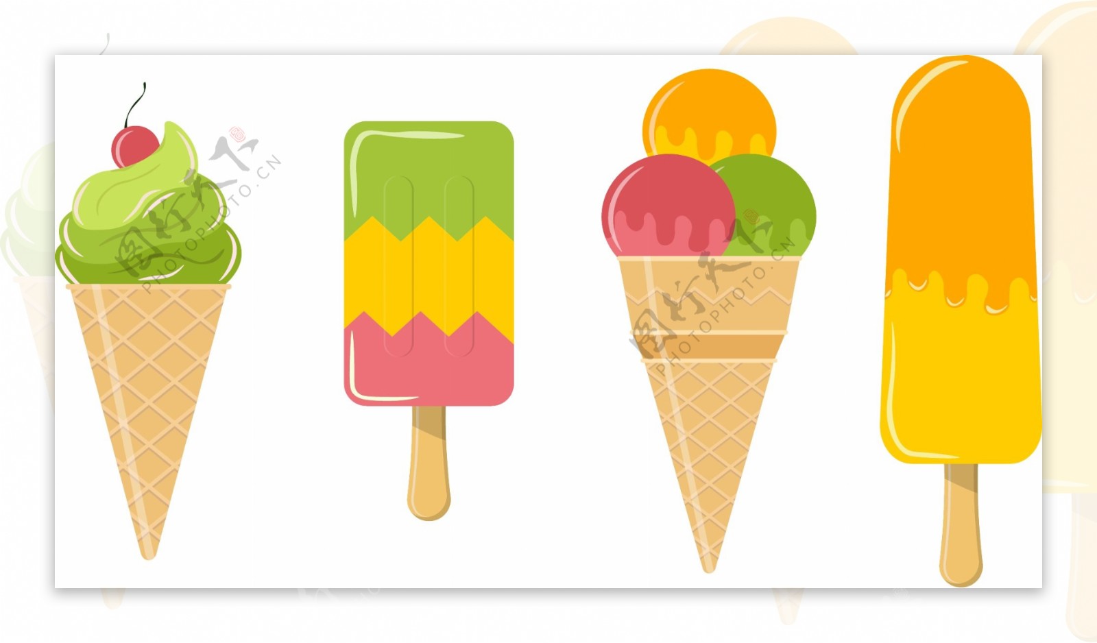 矢量夏季彩色水果雪糕和冰激凌