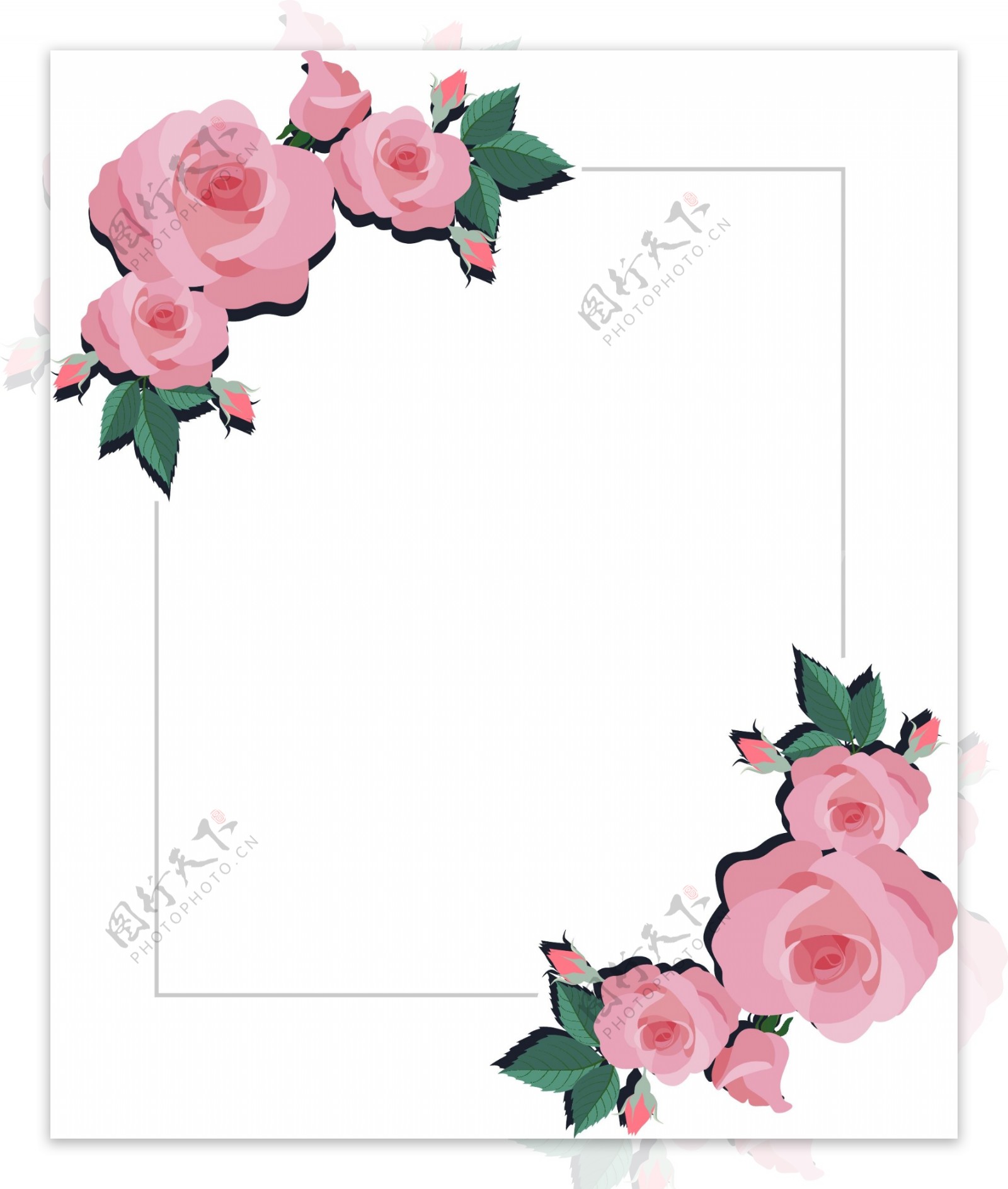简约手绘粉色玫瑰花边框矢量图