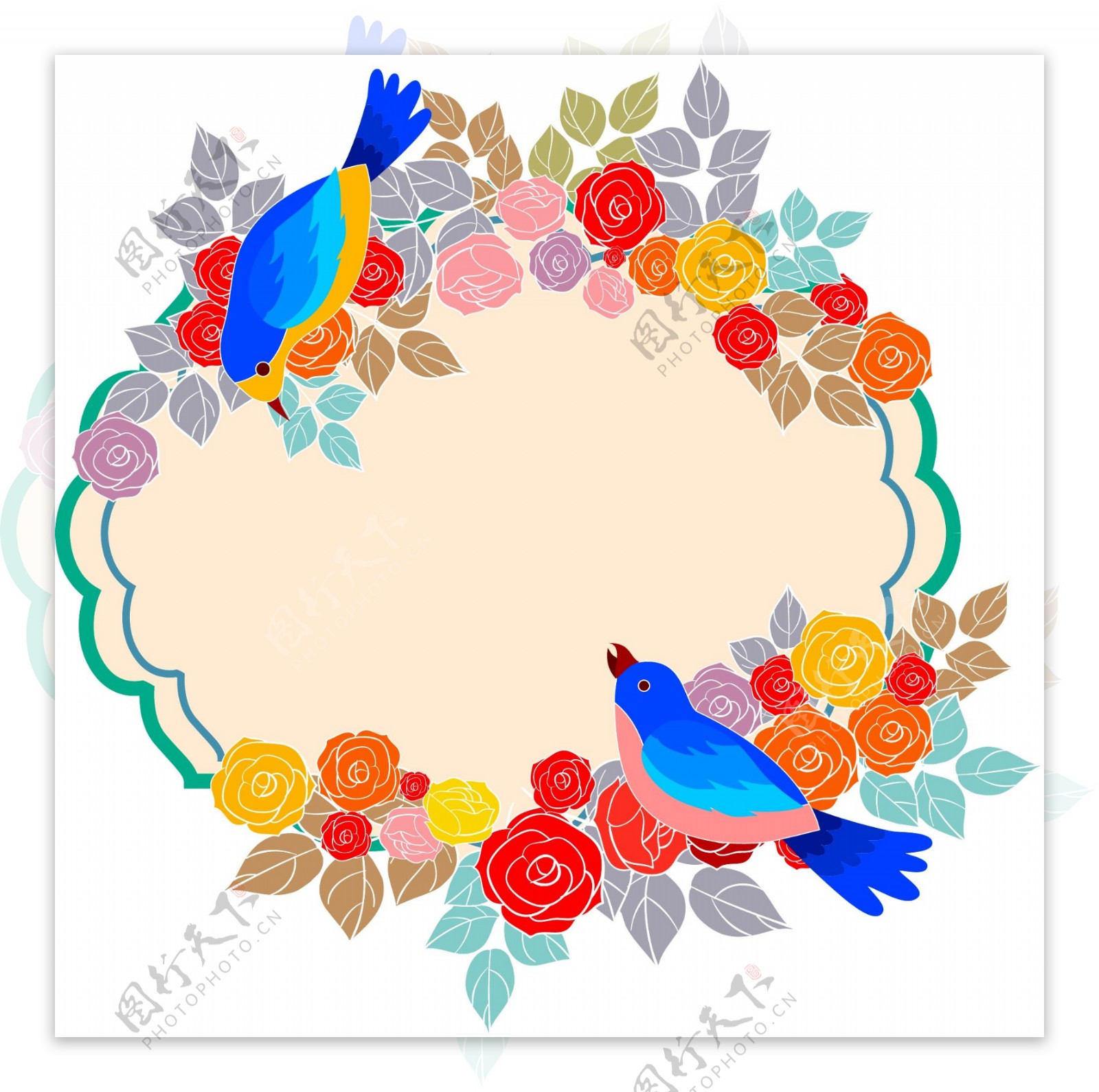 手绘玫瑰花与彩色鸟边框
