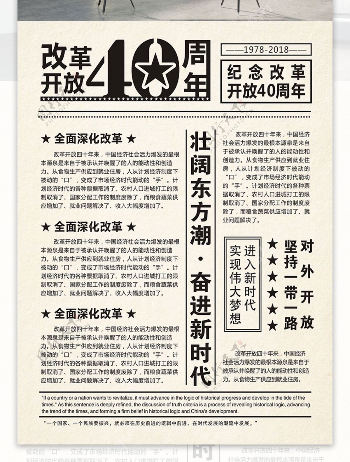改革开放40周年复古报纸版式海报