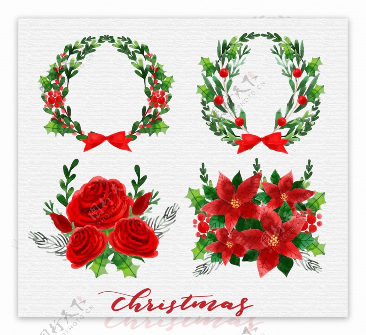 4款水彩绘圣诞节花束和花环