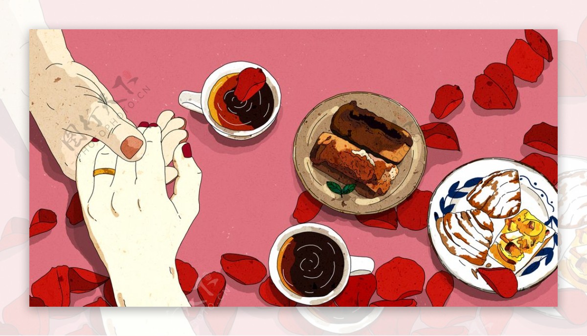美味爱情玫瑰花与咖啡插画