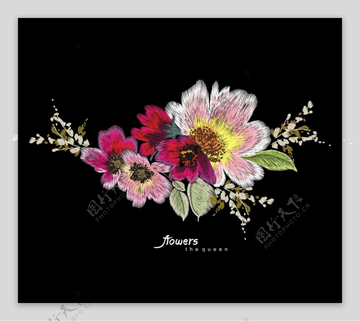 植物花朵花卉刺绣矢量图下载