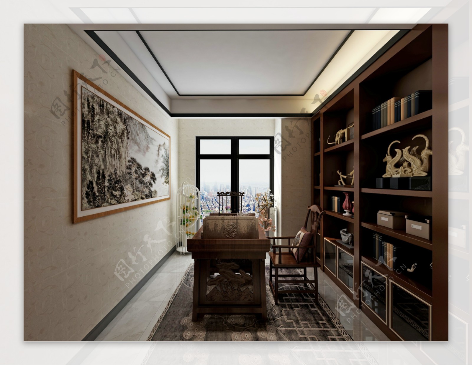 新中式家居书房效果图