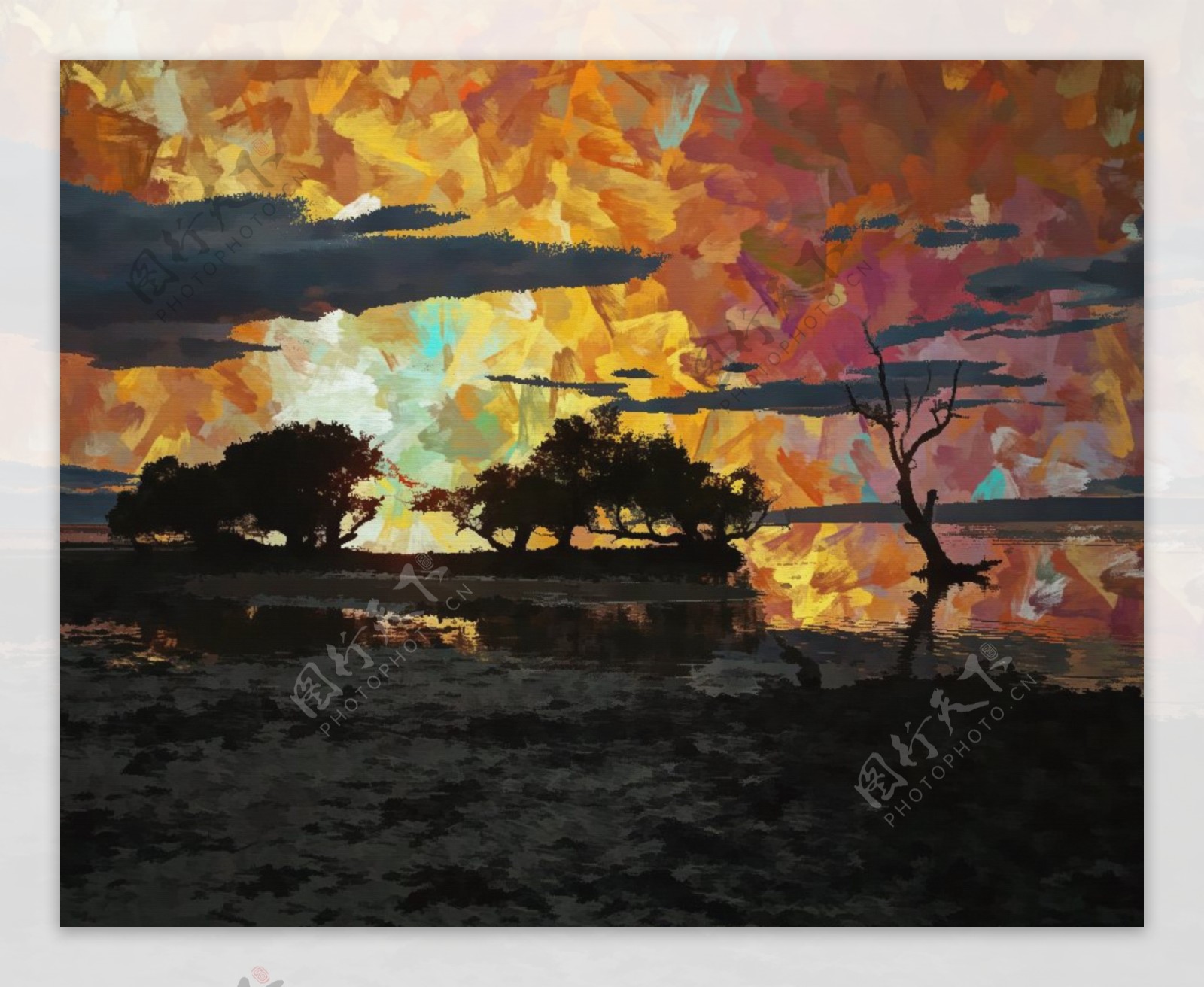 黄昏湖畔树木剪影抽象绘画