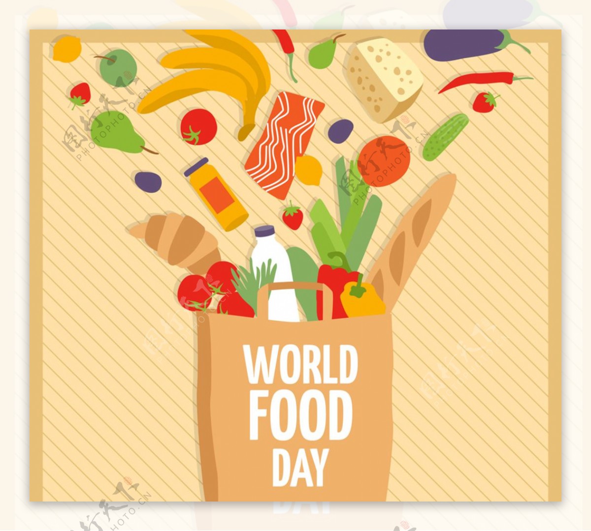 创意世界粮食日装满食物的购物袋