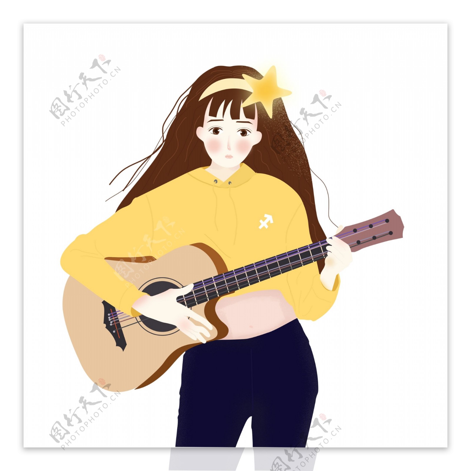 手绘弹吉他的少女人物设计