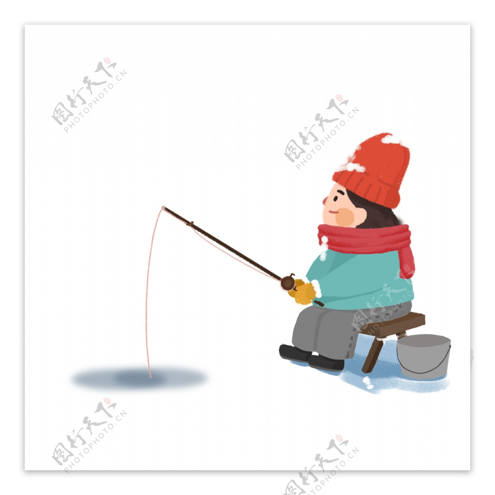 冬季钓鱼的小女孩可商用元素