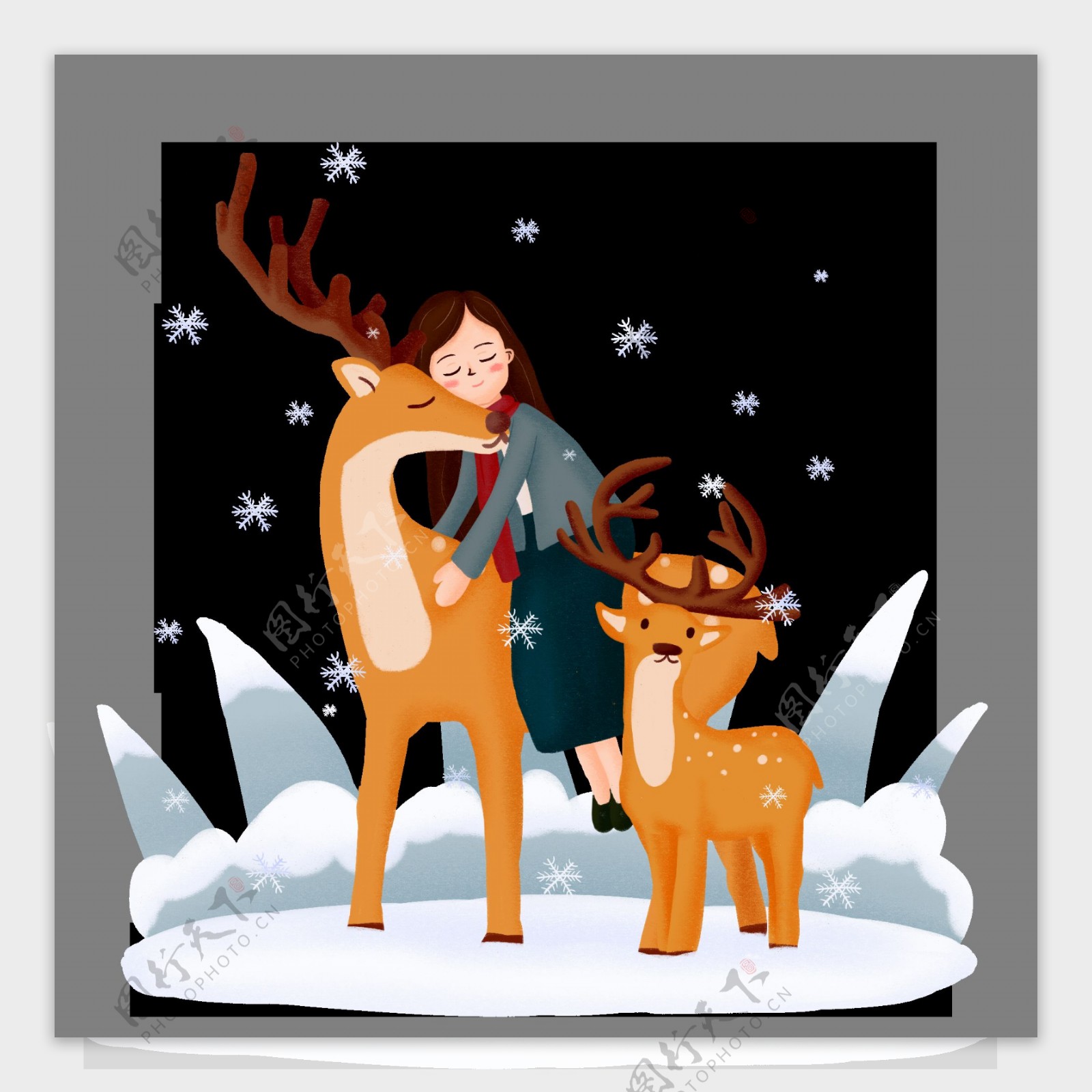 圣诞节麋鹿驯鹿女孩下雪人物动物场景素材