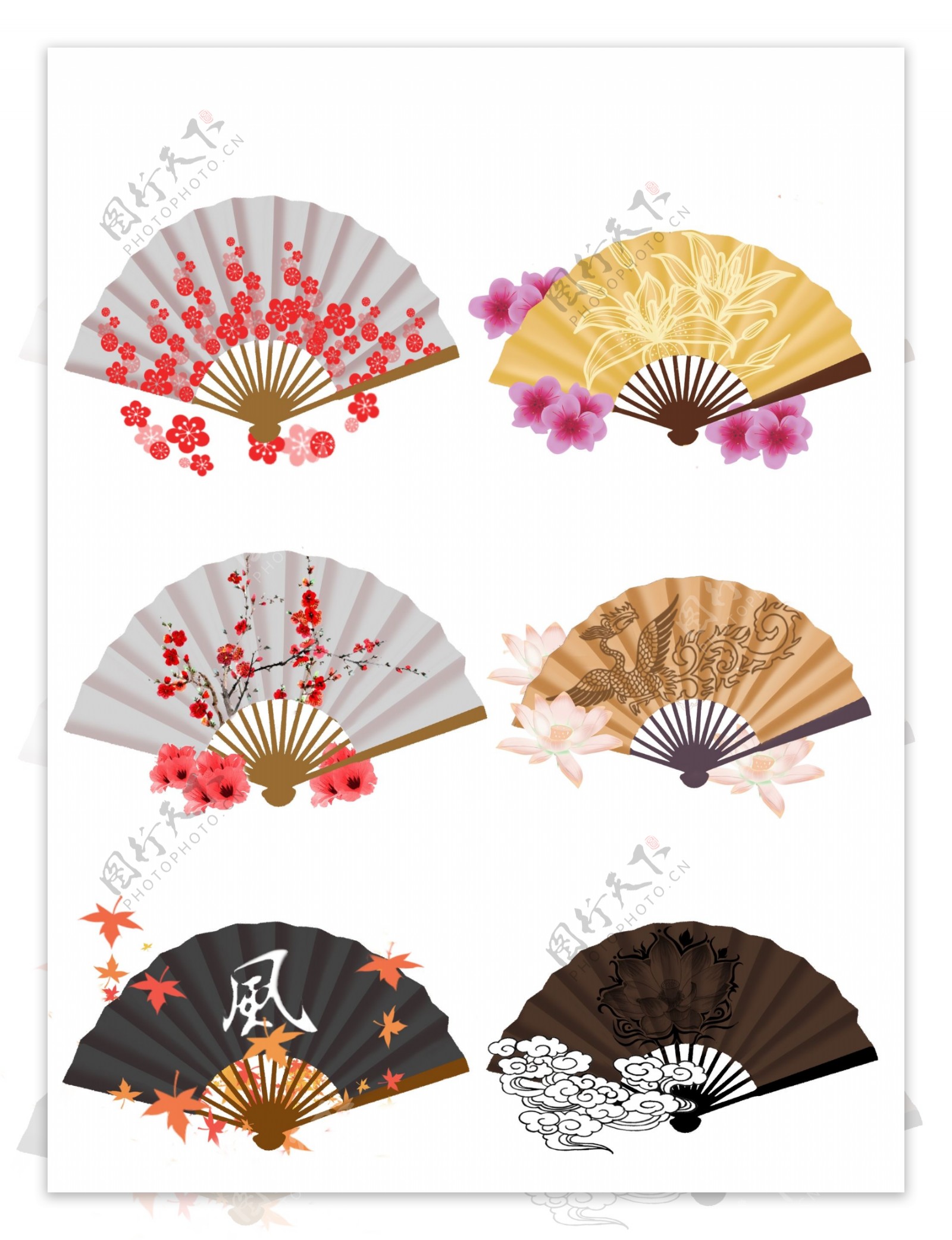 手绘中国风折扇套图可商用元素