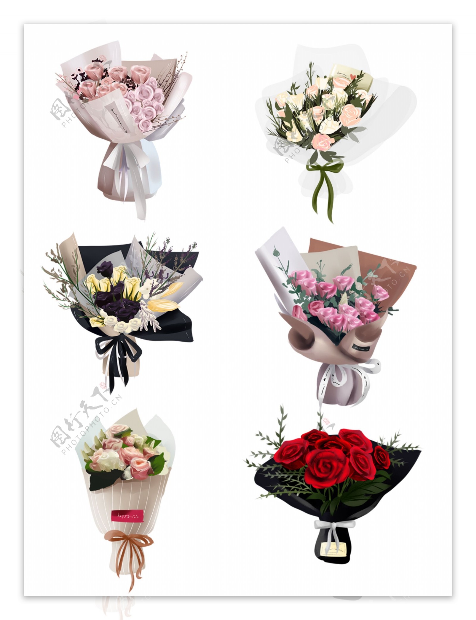 商用手绘节日花束植物情人节花艺玫瑰花组合