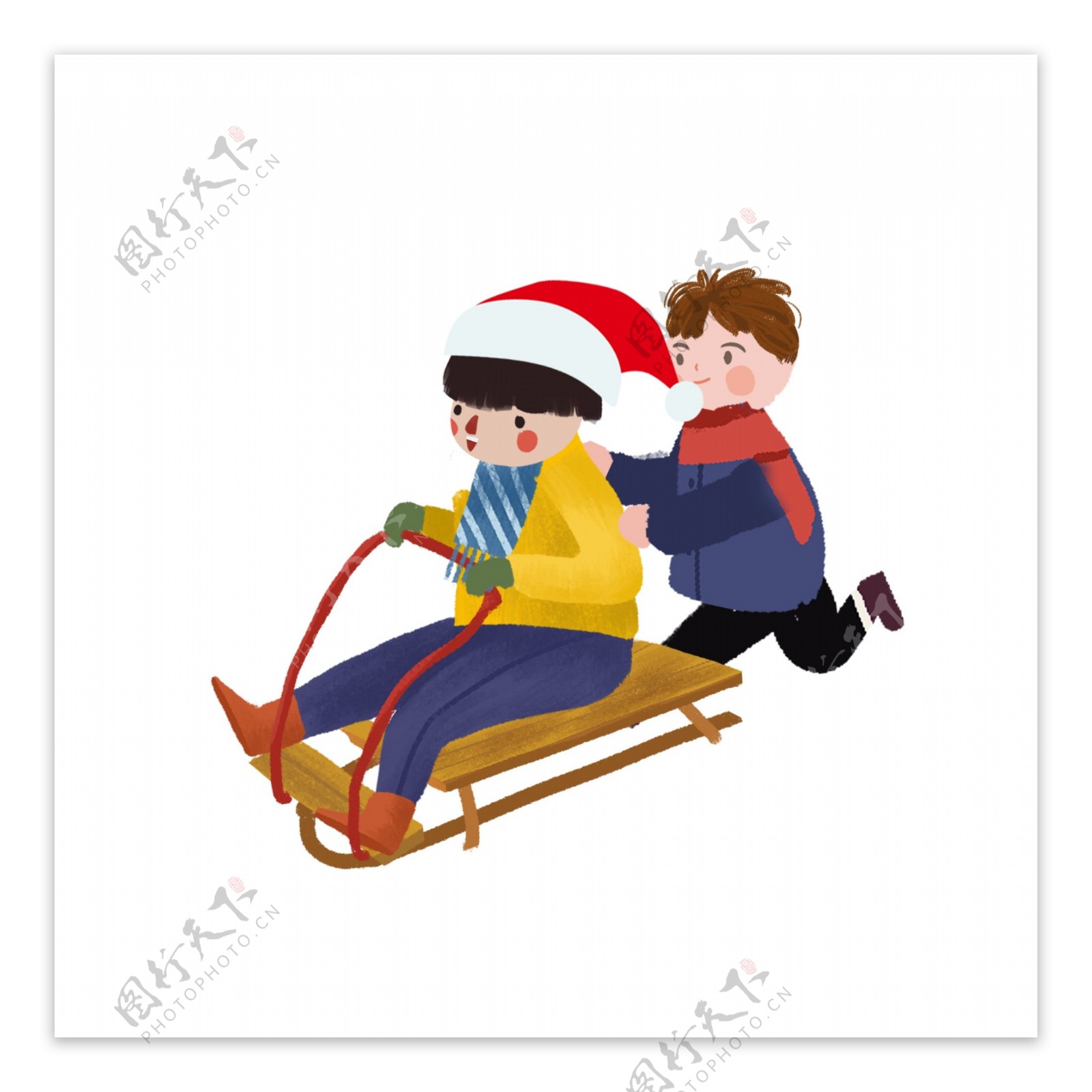 圣诞节雪橇滑雪的小男孩手绘设计可商用元素
