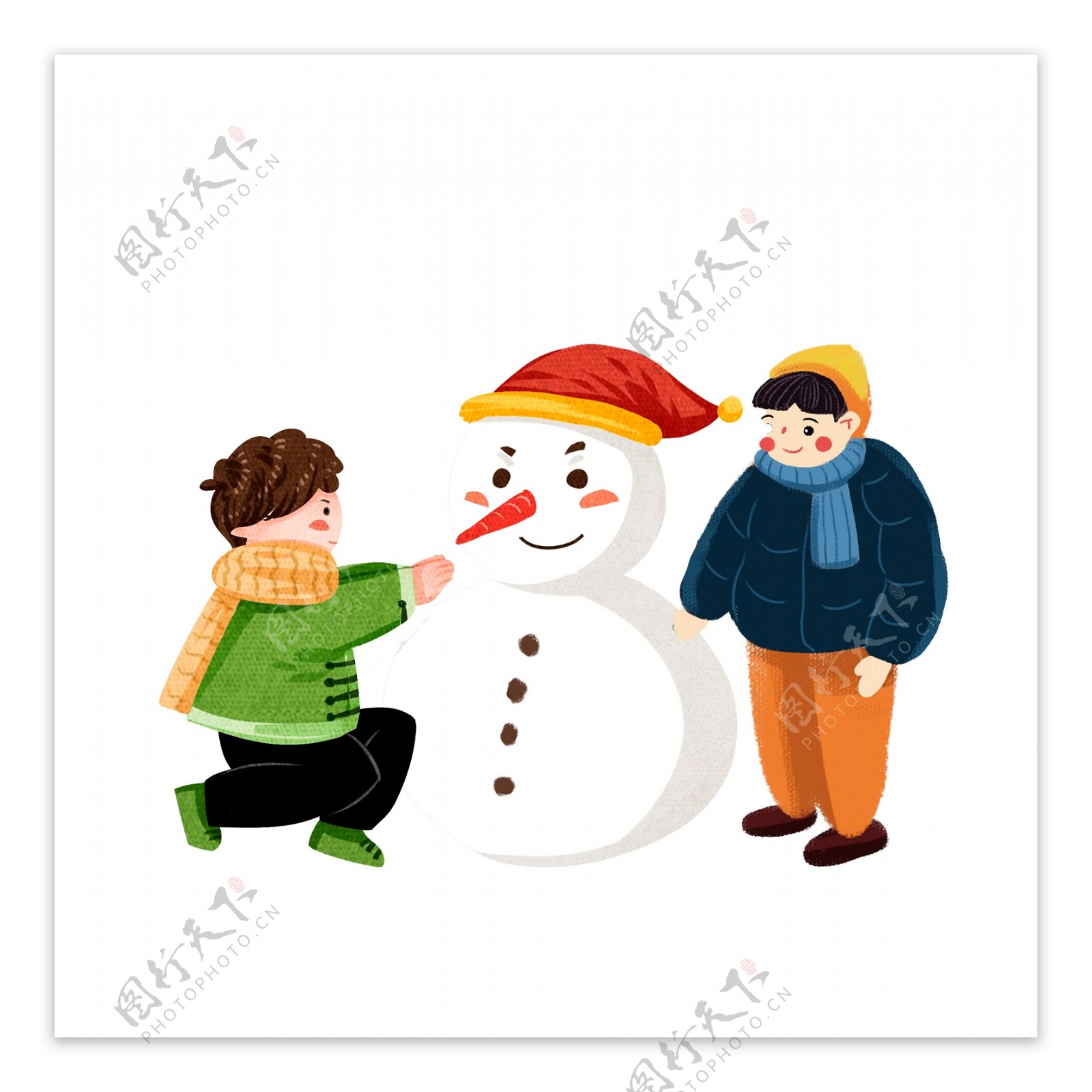 卡通冬天两个堆雪人的小孩可商用元素