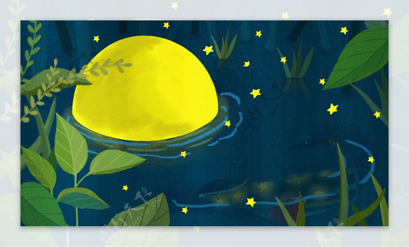 卡通手绘湖泊月亮萤火虫背景设计