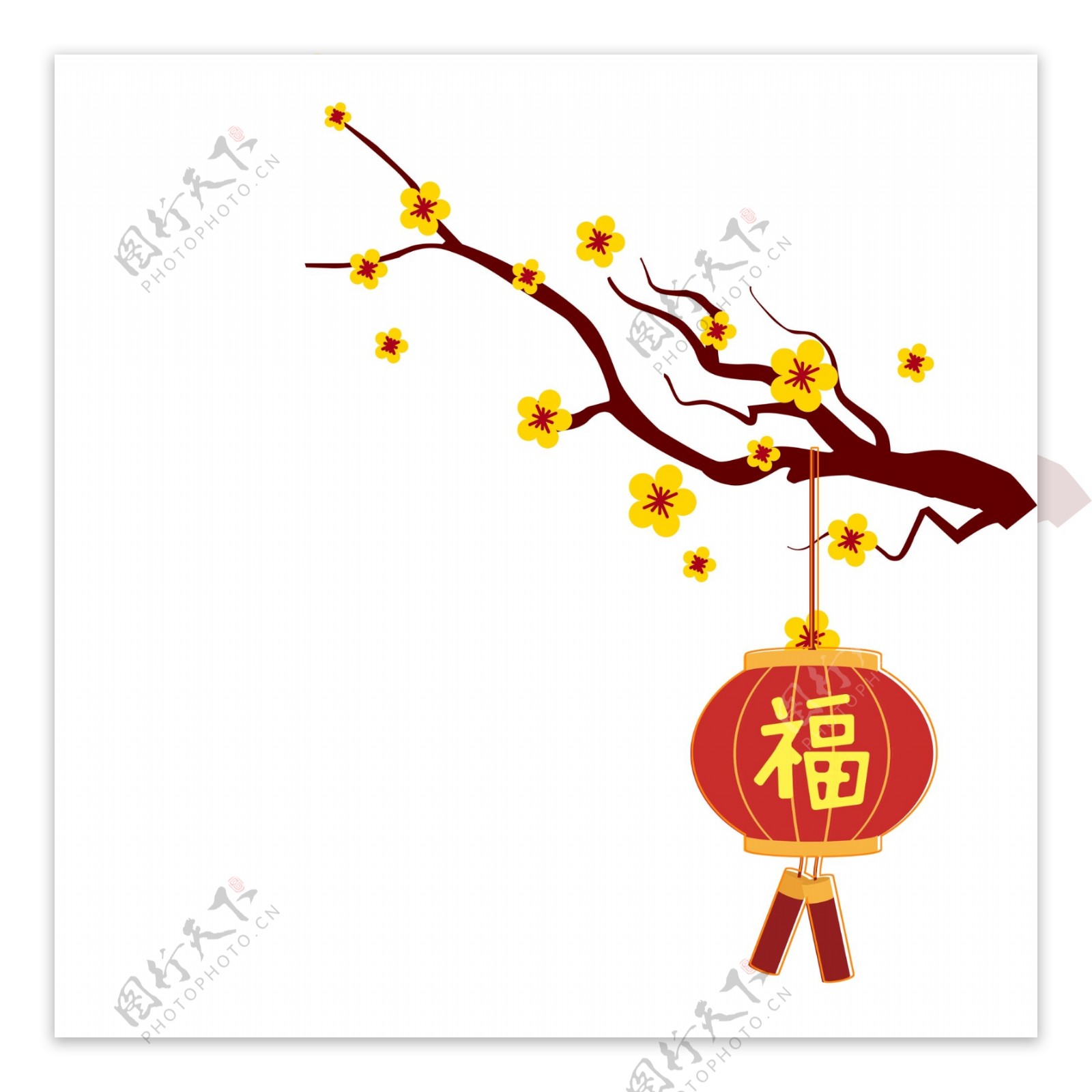 扁平化中国风梅花树枝和灯笼设计