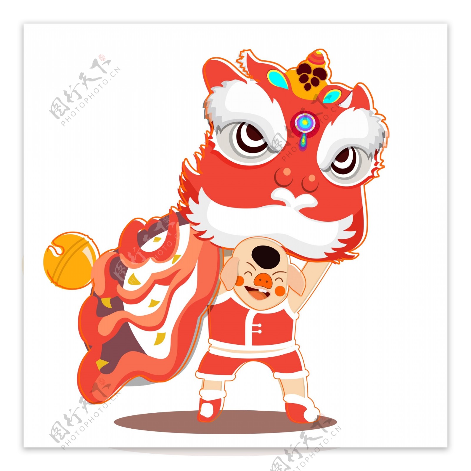 喜庆中国风舞狮的小猪卡通猪年元素